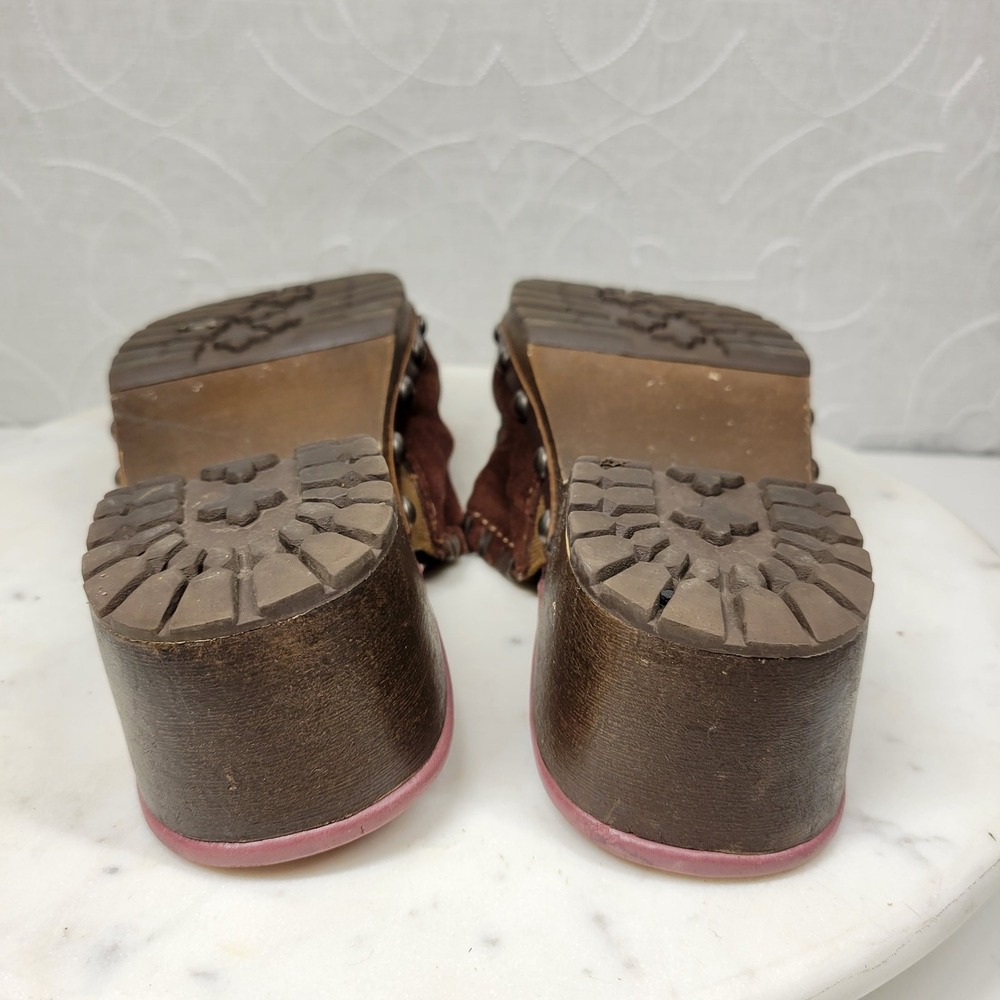 VTG Mudd Embroidered Mules Womens 9 Brown Floral Rivets Wooden Platform Y2K - Picture 13 of 14